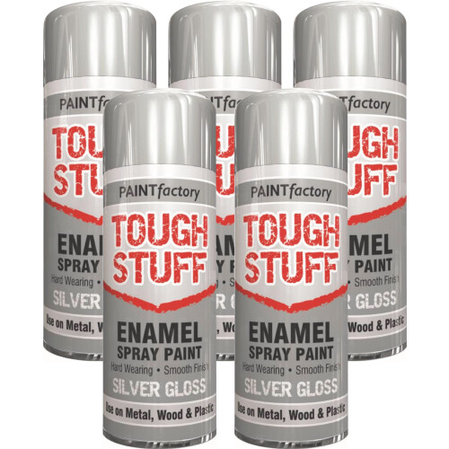 5 x 400ml Tough Stuff Enamel Silver Hard Wearing Gloss Spray Paint
