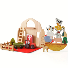 Conjunto de 18 peças de brinquedos de madeira para empilhar, com animais de fazenda e celeiro.