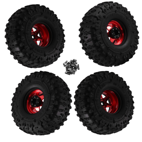 Conjunto de 4 rodas de metal Beadlock de 122 mm (1,9 polegadas) com pneus de borracha, na cor vermelha. 1