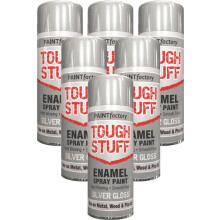 6 x 400ml Tough Stuff Enamel Silver Hard Wearing Gloss Spray Paint