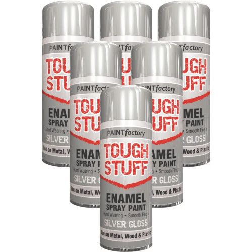 6 x 400ml Tough Stuff Enamel Silver Hard Wearing Gloss Spray Paint
