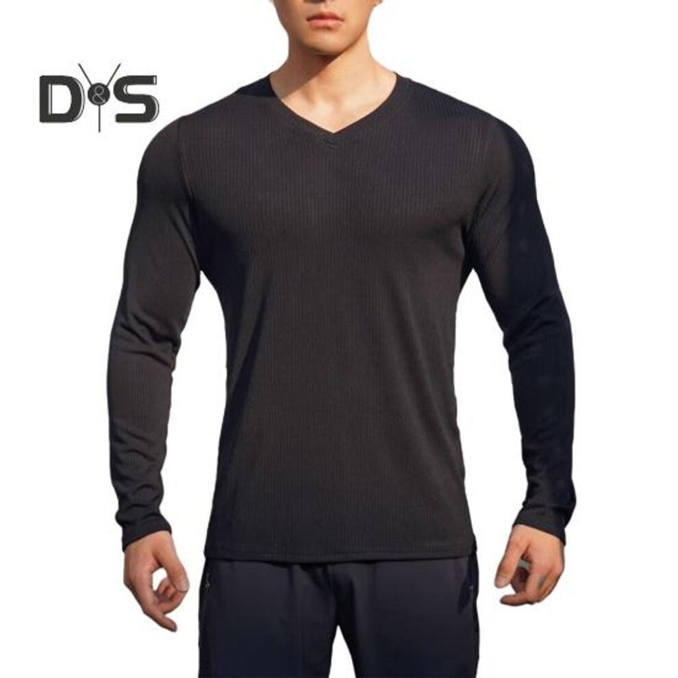 (black, L) Men's Long Sleeve Top V-neck Slim Fit Muscle Shirt Workout Athletic Tee Casual Base Layer Top For Gym Fitness Daily Wear