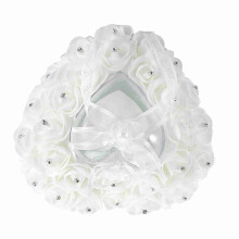 Romantic Heart shaped Wedding Ring Box Rose Rhinestone Decor Ring Pillow Cushion(White)