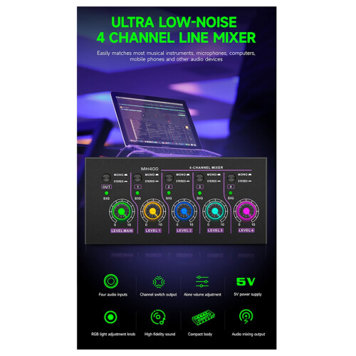 -MH400 Mini table de mixage stéréo 4 canaux ultra silencieuse (prise UE) 2