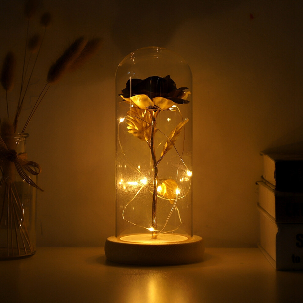 Preserved Rose Flower LED Light with Glass Cover & Wooden Base Valentines'Day Wedding Golden-image-OPC-PHWT59J-NEW