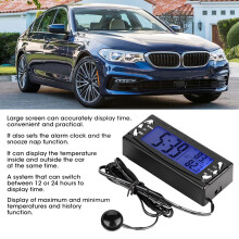 12V Digital Car Thermometer Vehicle Clock LCD Temperature Meter with Alarm Function CT23