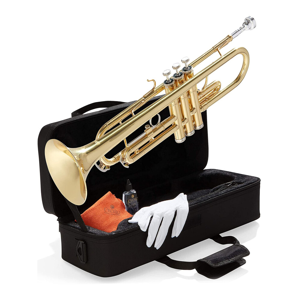 Mendini By Cecilio Bb Standard Trumpet Set for Beginners - Brass Student Trumpet Instrument with Hard Case 7C Mouthpiece Valve Oil Cleaning Cl