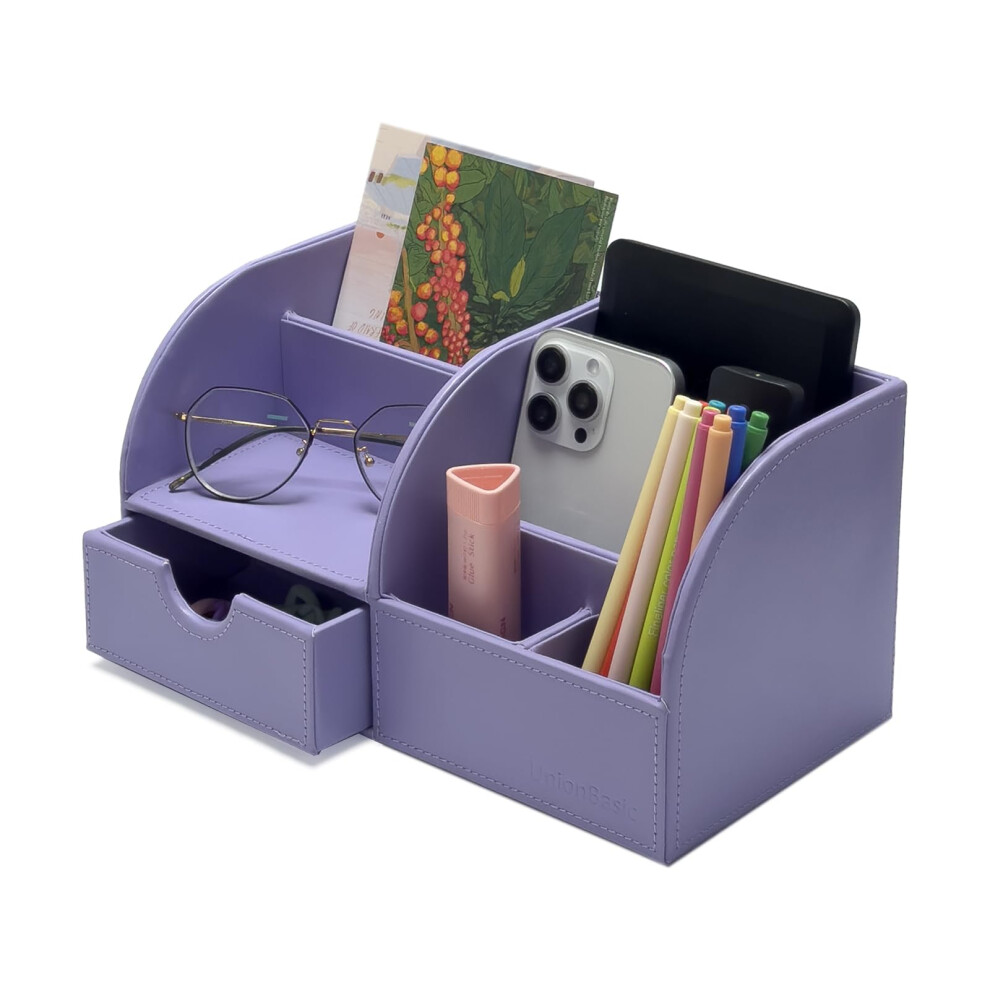 UnionBasic Desk Organizer - Multifunctional Leather Desktop Pen Holder Storage Box - Business Card/Pen/Pencil/Mobile Phone/Stationery Holder  Purple-image-OPC-PHWTB2N-NEW