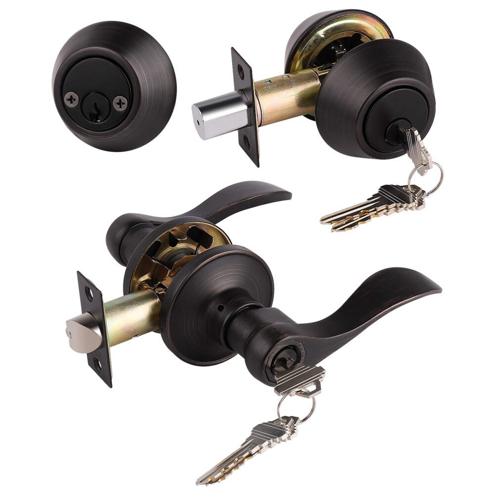 1 Pack Front/Exterior Door Lever Lockset With Double Cylinder Deadbolt Combination Locksets Oil Rubbed Bronze Keyed Alike Entry Door Handles Wit 718399824397