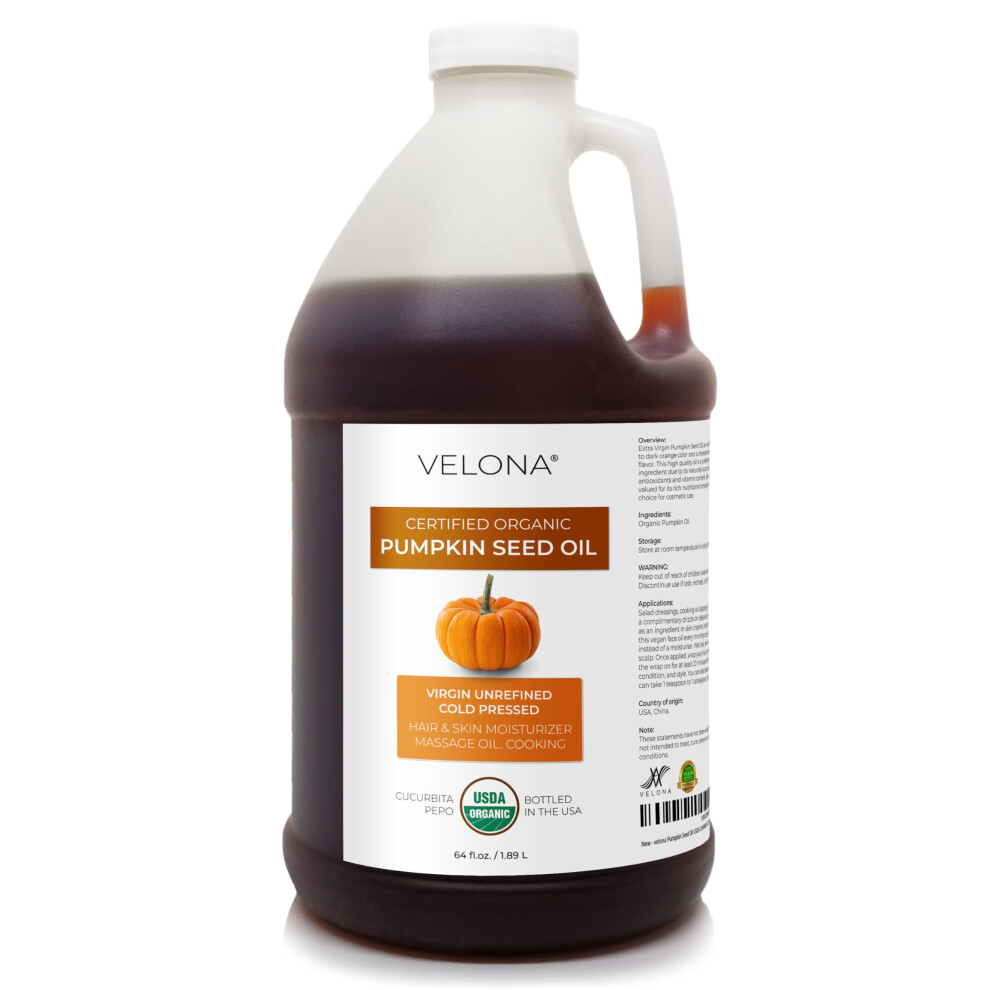 Velona Pumpkin Seed Oil Usda Certified Organic - 64 Fl Oz | 100% Pure And Natural Carrier Oil | Unrefined Cold Pressed | Cooking Face Hair Bo