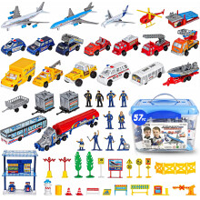 57 PCS Playset de aeroporto comercial com brinquedos de avio, veculos de brincar, caminhes de bombeiros, carros de polcia, figuras e acessri