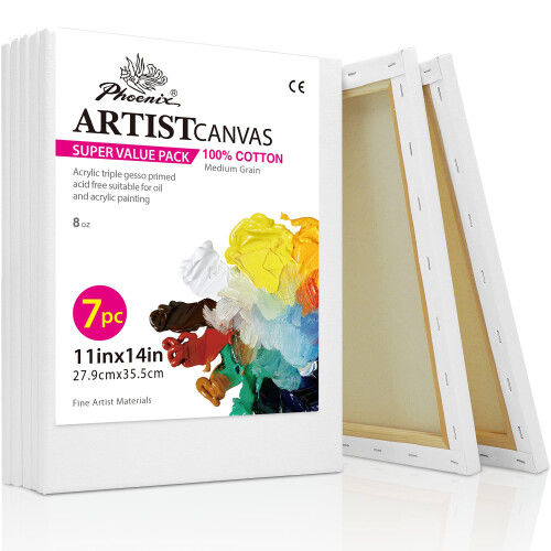 Phoenix Lona esticada PHOENIX para pintura 11 x 14 polegadas / 7 pacotes econmicos 8 onas com primer triplo perfil de 5/8 polegadas 100% algodo branco