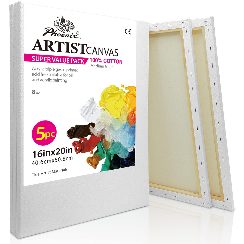 Phoenix Toile    tir   e pour peinture 16x20 pouces / 5 Valeur Pack 8 oz Triple PROFIL AMPRIM    5/8 pouces 100% Coton Blanche Blanche