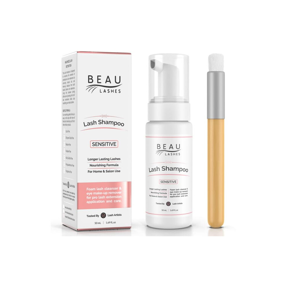 Beau Lashes Eyelash Extension Foam Cleanser Shampoo & Brush (50Ml) - Oil Free Sensitive Paraben & Sulfate Free Eyelid/Lash Foaming Wash Cleaner To Remove Makeup &