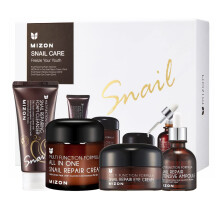 MIZON Komplettes koreanisches Hautpflegeset Allin1 Snail Repair Cream, Snail Repair Intensive Ampoule, Snail Repairing Foam Cleanser und Snail Re