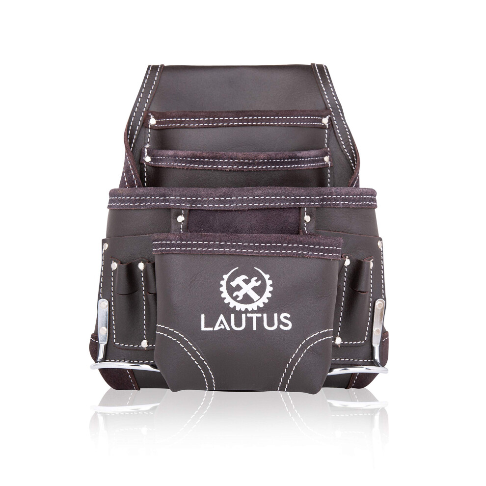 Lautus Oil Tanned Leather Tool Pouch Bag | Carpenter Construction Framers Handyman | 10 Pockets 2 Hammer Holders | 100% Leather Dark Brown 616576236622