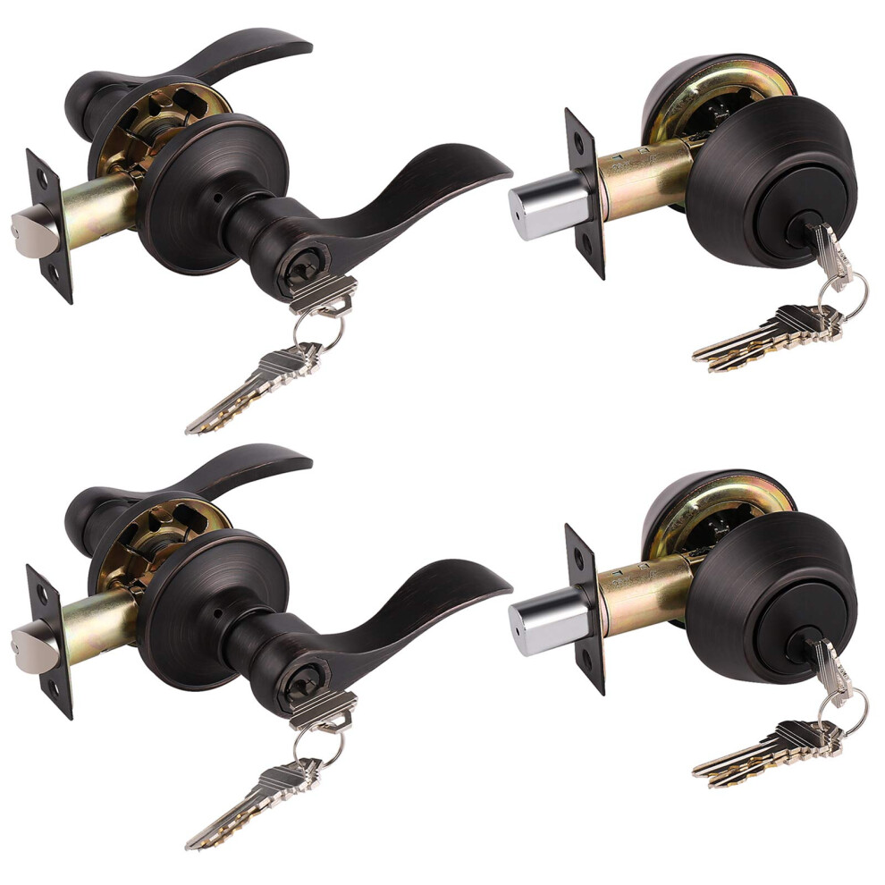 Oil Rubbed Bronze Keyed-Alike Door Levers And Double Cylinder Deadbolts Combination Locksets With Same Key 2 Pack Exterior/Entry Door Handles Re 715668047167
