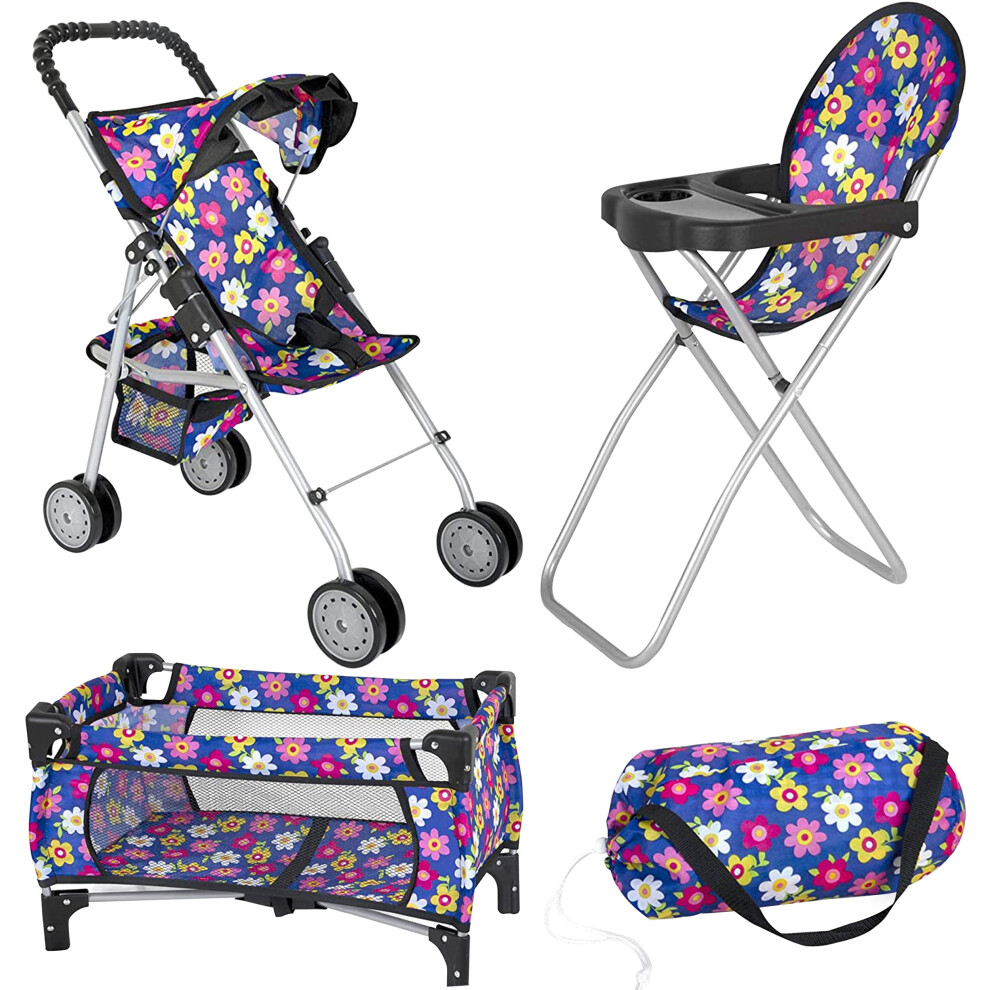 fash n kolor Doll 3 Piece Play Set Baby Doll Accessories - Includes 1 Pack N Play. 2 Doll Stroller. 3 Doll High Chair. Fits Up to 18'' Doll (Flower)
