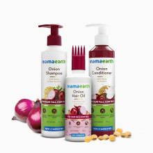 Mamaearth Onion Hair Care Kit - Hrfallskontroll med 150 ml lkolja & schampo + balsam (250 ml vardera) | Formel mot hravfall och tillvxt | 3 d