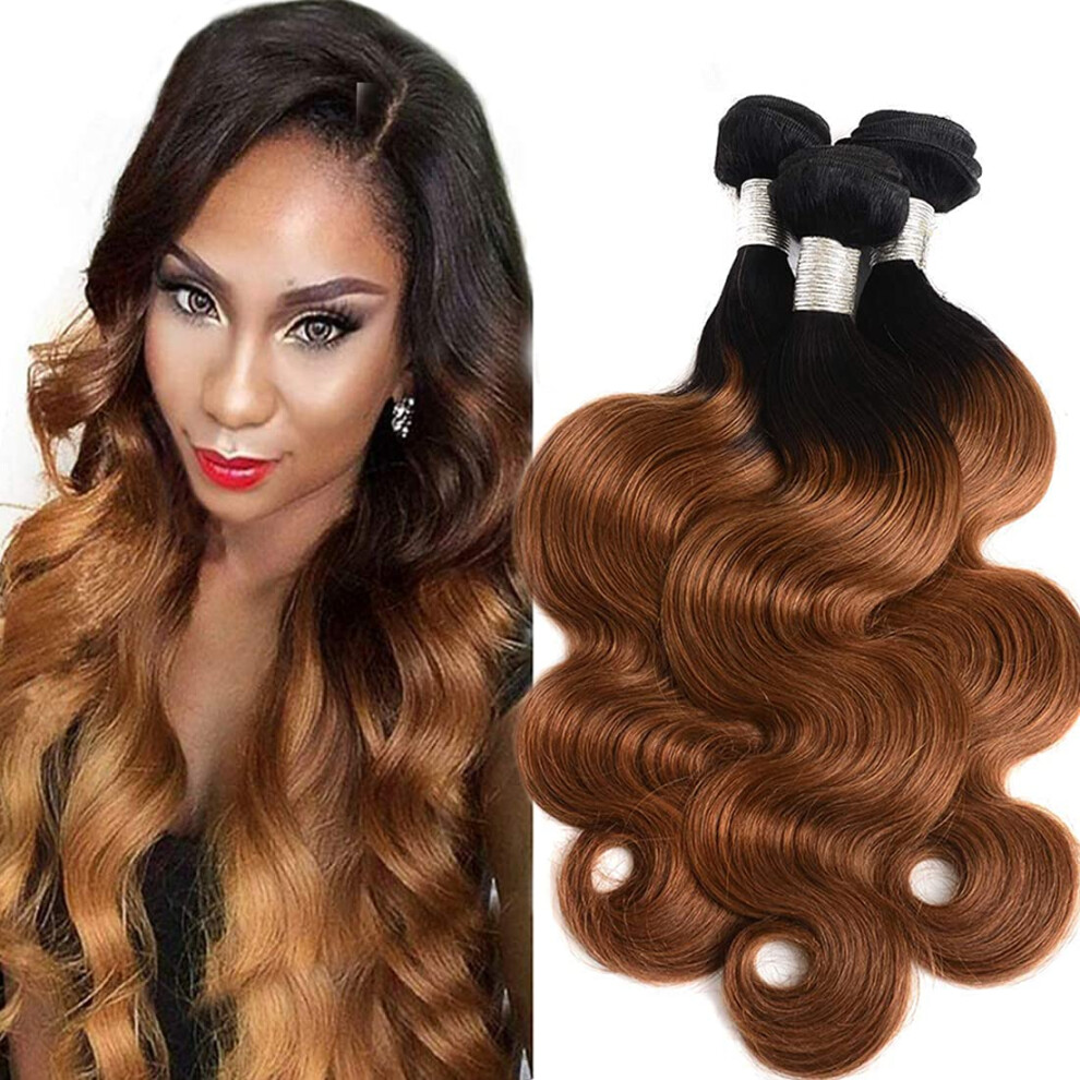 Autto Unisex Ombre Human Hair Bundles Brazilian 1B/30 Two Tone Ombre Body Wave Human Hair 3 Bundles 12 14 16Inch 100% Unprocessed Virgin Hair Bundles Weaves E