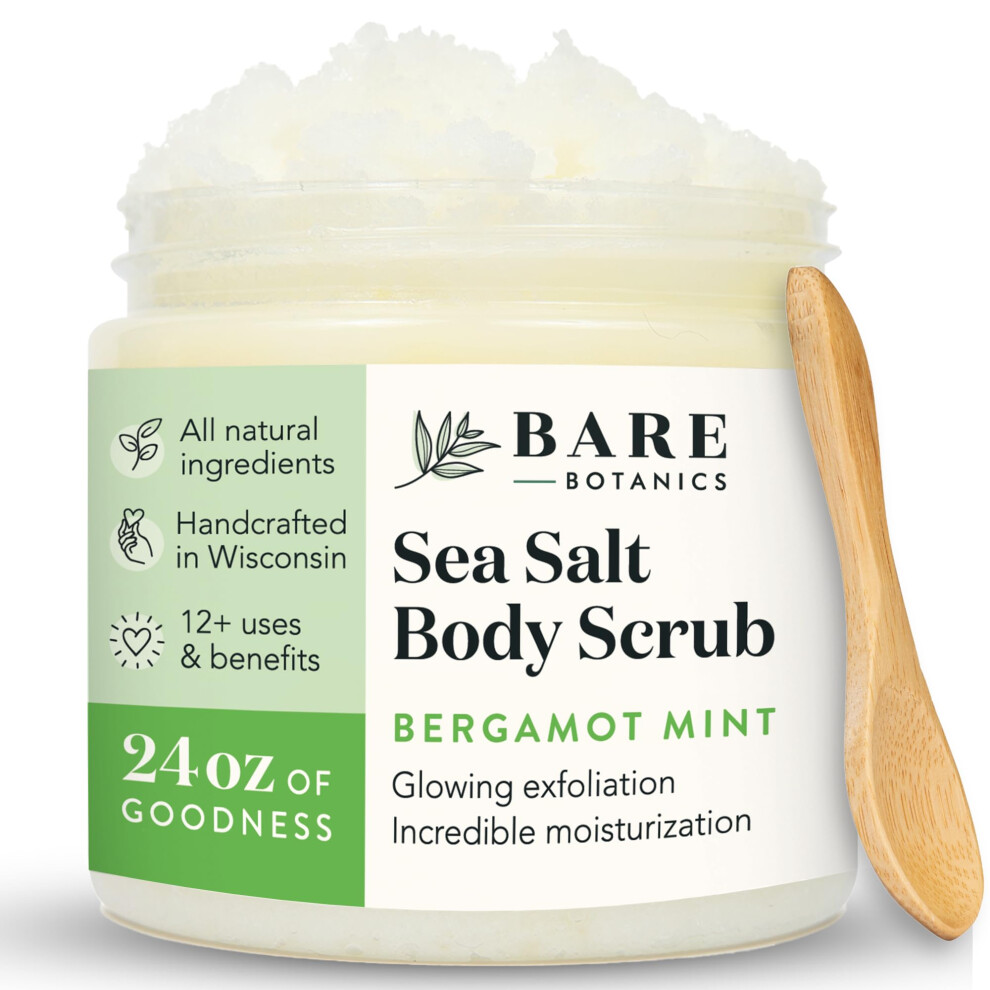 Bare Botanics Bergamot Mint Body Scrub 24Oz | Made In Madison Wi | All Natural Sea Salt Exfoliator W/ Skin Loving Moisturizers | Vegan & Cruelty
