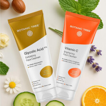Botanic Tree Double Face Wash Kit - Gentle Facial Cleanser Set med Glycolic Acid Exfoliator Facewash og C-vitaminrens til kvinder M?nd - Naturlig