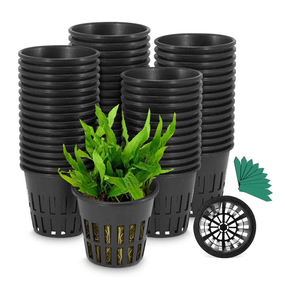 GROWNEER Net Pots 100 Pcs 3 Inch Garden Slotted Mesh Net Cups Heavy Duty Hydroponic Pots with 50Pcs Plant Labels Wide Lip Planting Set Grow Bas