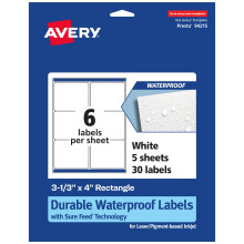 Etichette rettangolari impermeabili durevoli Avery Tecnologia Sure Feed 3-1/3"" x 4"""" 30 etichette totali impermeabili resistenti all'olio e allo