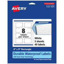 Avery Duurzame waterdichte rechthoekige labels Sure Feed-technologie Print tot aan de rand 2"" x 3"""" 40 Totaal olie- en scheurbestendig Waterdicht
