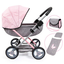 Bayer: 4-in-1 Speelgoed Poppenwagen Cosy Set - Poppen tot 18" (Roze/Grijs) | Poppen | Roleplay | Accessoire