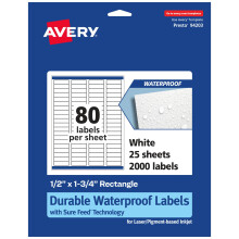 Avery duurzame waterdichte rechthoek labels zeker voedingstechnologie 0,5 """" x 1,75 """" 2.000 totale olie- en traanbestendige waterdichte waterdic