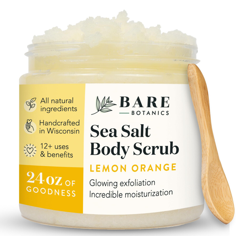 Bare Botanics Orange Lemon Body Scrub 24Oz | Made In Madison Wi | All Natural Sea Salt Exfoliator W/ Skin Loving Moisturizers | Vegan & Cruelty