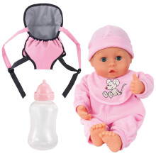 Bayer: My First: Words Baby Doll Carrier Set - Pink & Mouse Outfit - Maakt 24 Baby Sounds 13 """" Doll & Carrier Bottle Kids AGES 3+