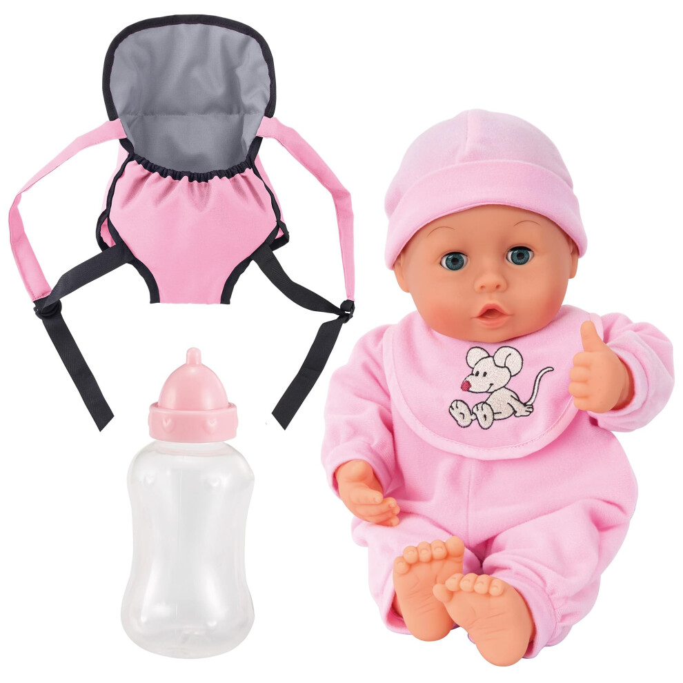 Bayer Bayer: My First: Words Baby Doll Carrier Set - Pink & Mouse Outfit - Makes 24 Baby Sounds 13"""" Doll & Carrier Bottle Kids Ages 3+