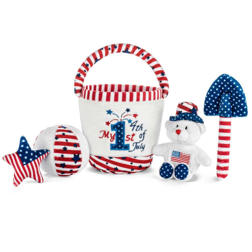 Genius Baby Toys American Flag Toy and USA Plush Playset - My 1st 4th of July Baby Toys - Soft Plush Sand Bucket with 4 Sensory Infant Toys - Fun