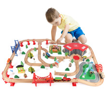 Conjunto de trem de madeira Qilay 140 peas Conjunto de trem infantil Delux Kits ferrovirios para crianas Premium para construo de edifcios