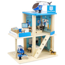 Conjunto de brinquedos para delegacia de polcia de madeira multicolorido de 3 nveis, conjunto de casa de bonecas com figuras, carro, helicpter
