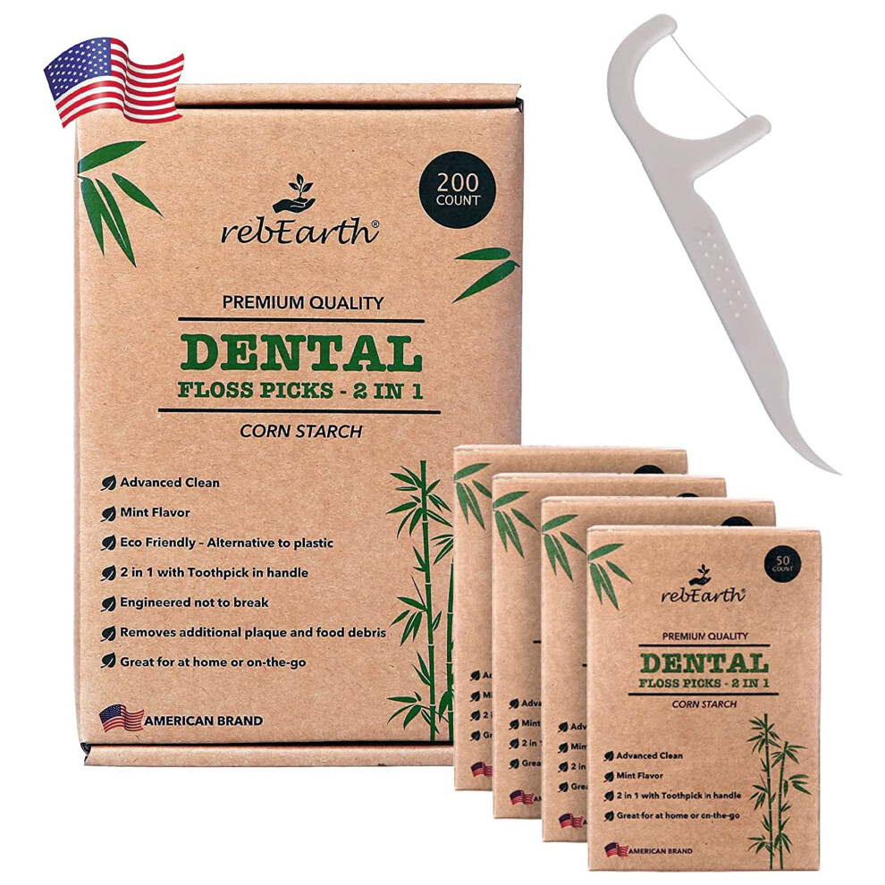 Rebearth Natural Dental Floss Picks - Oral Care Dental Pick W/Mint Flavored Toothpicks 2-In-1 Natural Floss & Toothpicks Plant-Based Dental Flo