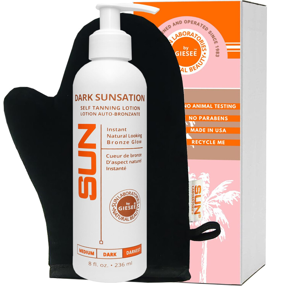 Sun Laboratories By Giesee Dark Sunsation Self Tanning Lotion 8 oz with Tanning Mitt - Ultra Dark Organic Pregnancy Safe Travel Size Self Tann