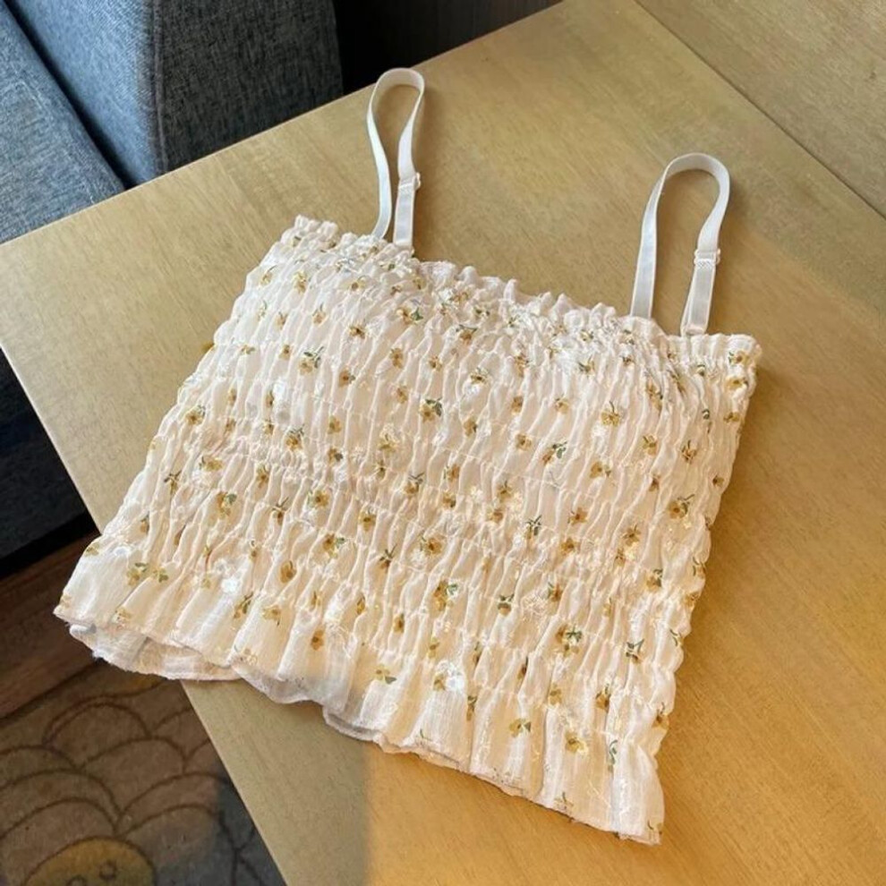 (One Size, yellow) Floral Printed Camisole Woman Summer Sweet Spaghetti Strap Tank Top Female With Built In Bra Corset Women Vest With Padded