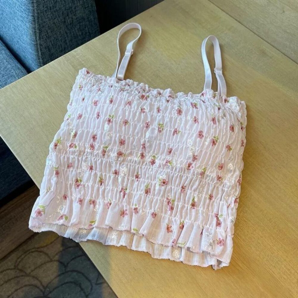 (One Size, pink) Floral Printed Camisole Woman Summer Sweet Spaghetti Strap Tank Top Female With Built In Bra Corset Women Vest With Padded
