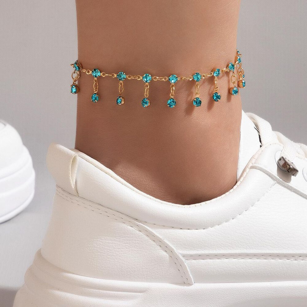 (bondi blue) Shiny Crystal Stone Tassel Anklet For Women Foot Chain Party Holiday Jewelry Bijoux