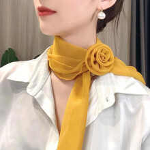 (yellow) Women Candy Color Chiffon Silk Scarf Rose Decor Neck Collar Sunscreen Neckerchief Thin Summer Soft