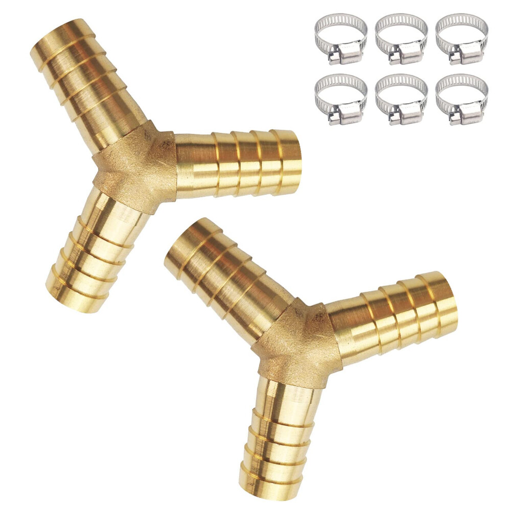 Jenswill 2Pcs 1/4"""" Brass Hose Barb Fitting 3 Way Y Shape Barbed Splicer Mender Union Fitting With 6Pcs Hose Clamp For Oil Water Air 701063995318