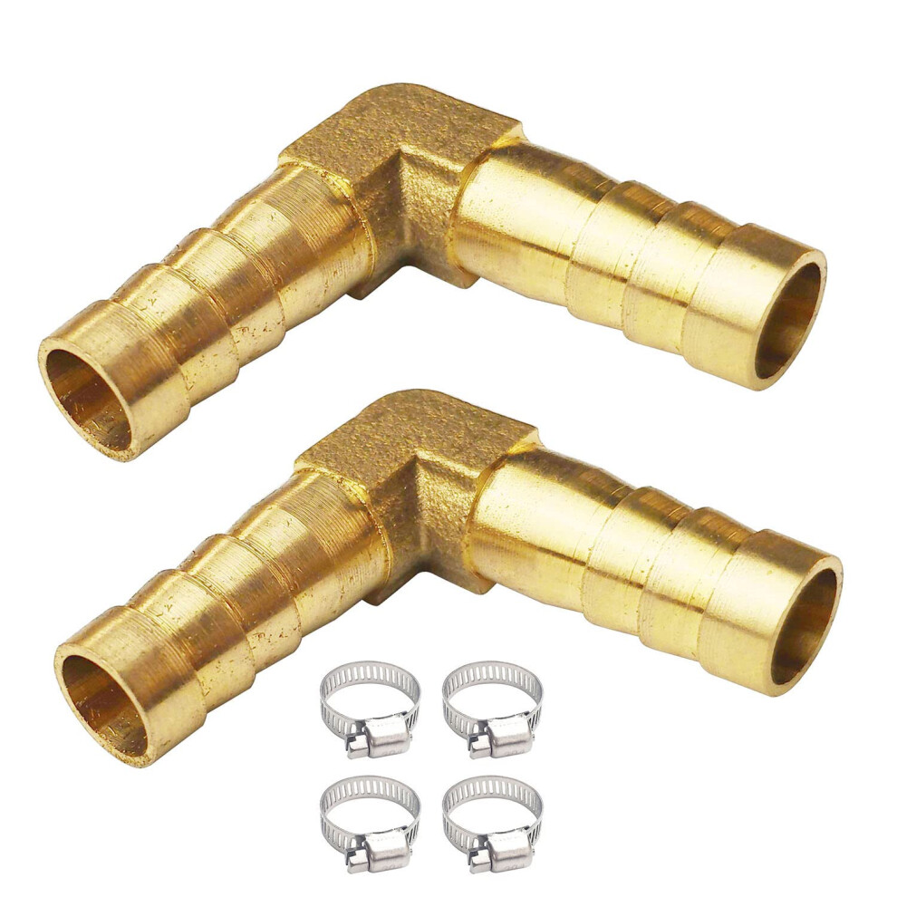 Jenswill 2Pcs 3/8"""" Brass Hose Barb Fitting 90 Degree Elbow Barbed Splicer Mender Union Fitting With 4Pcs Hose Clamp For Oil Water Air 701063995271