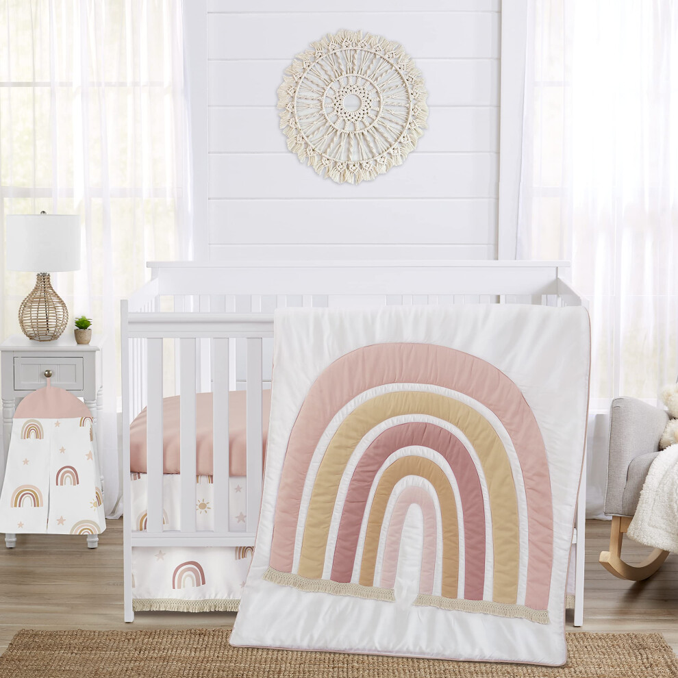 Sweet Jojo Designs Boho Rainbow Baby Girl Nursery Crib Bedding Set - 4 Pieces - Blush Pink Dusty Rose Gold Yellow Mauve Taupe Beige Tan Bohemian