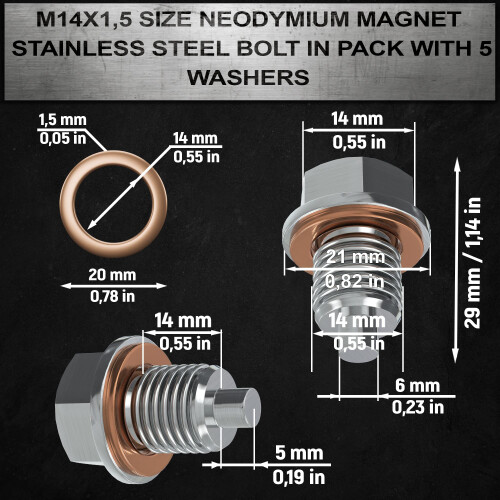 Magnetische Oliedrainplug M14x1.5 Neodymium Magnet RVS Bout 5 Koper Wasmachine 2