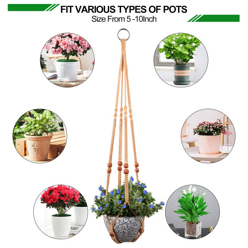 RIFNY Macrame Plant Hanger para vasos de plantas de 5 a 10 polegadas Kits de cabide de corda tecida de 35 polegadas com ganchos e contas de madei 2