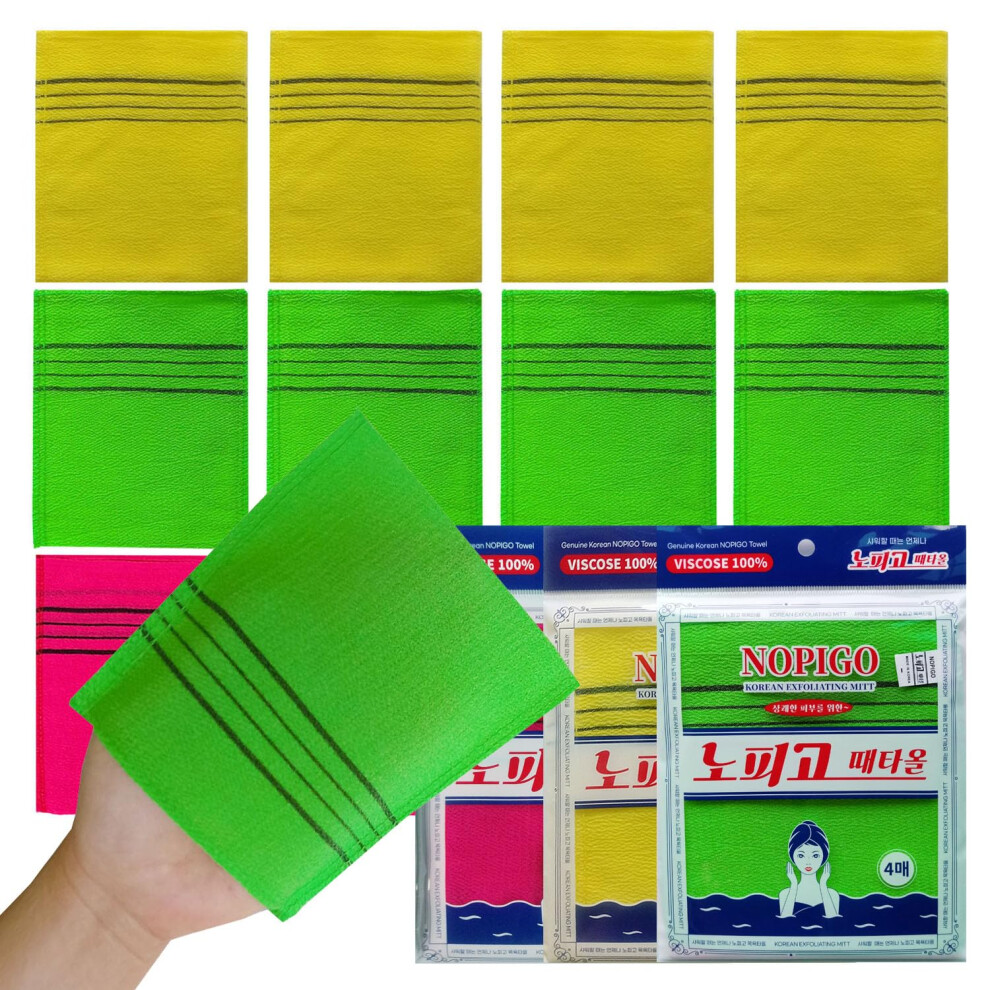 Nopigo The Original Korean Exfoliating Mitt Body Scrub-12Pcs (Green4 Red4 Yellow4). Asian Exfoliating Bath Washcloth For Dead Skin Bath Sponge B