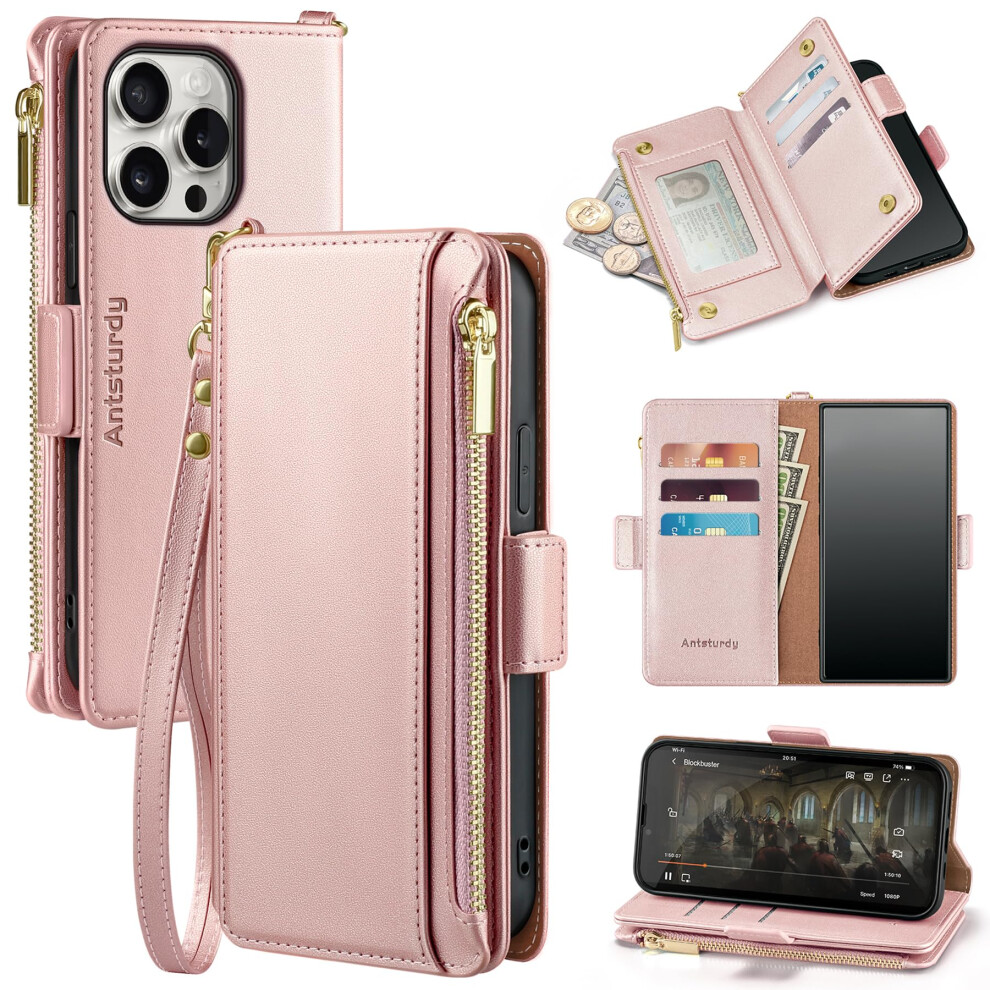 Antsturdy Compatible With Iphone 14 Pro Wallet Case Rfid Blocking Pu Leather Phone Case Women Men Kickstand Flip Cover Wrist Strap Zipper Credit 760701655793